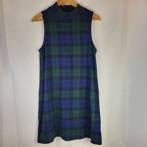 TWIK Navy & Green Plaid Tartan Mock Neck Sleeveless Dress